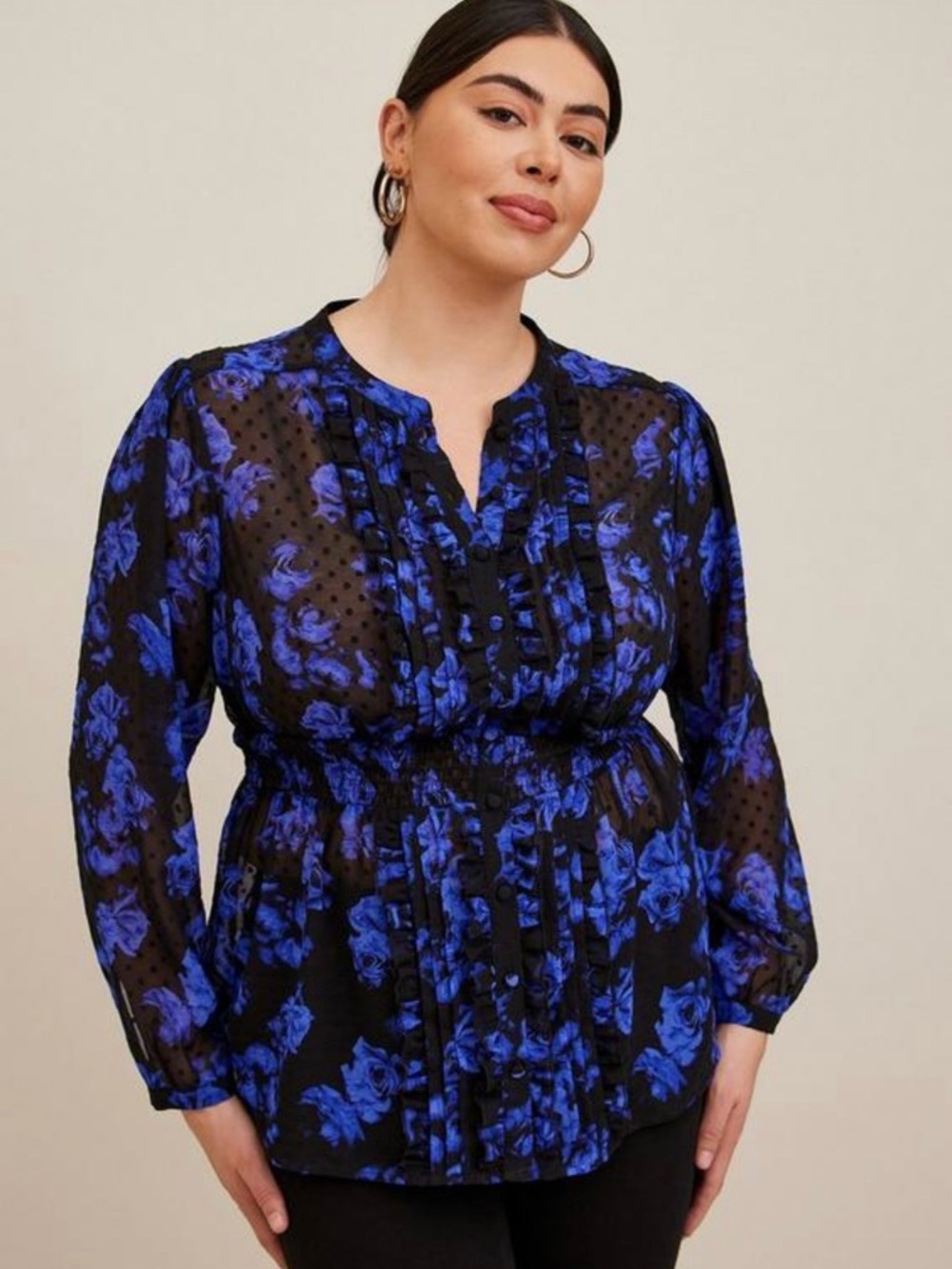 torrid Black Floral Pintuck Blouse with Blue Roses